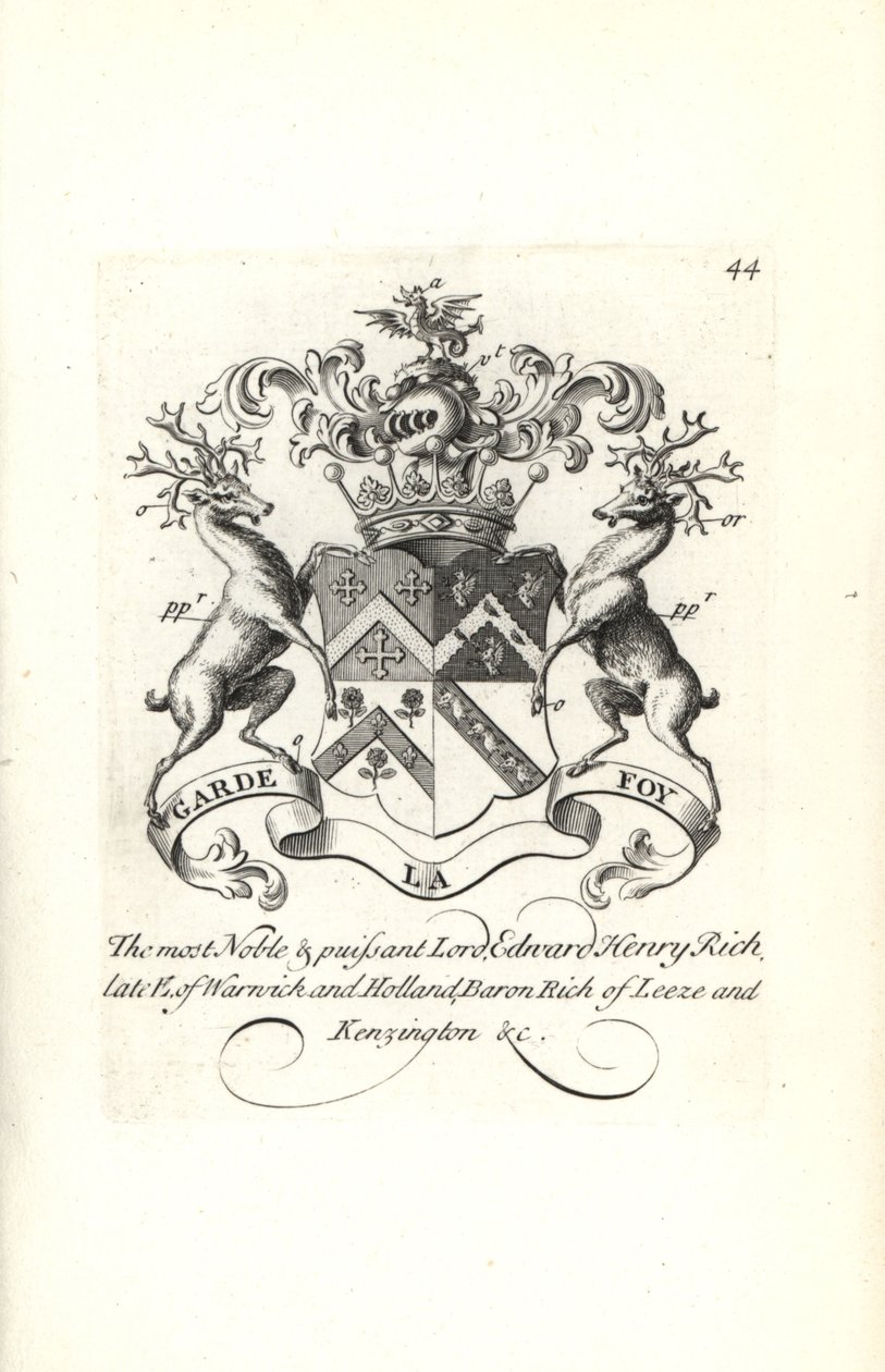 Brasão e brasão do Lorde Edward Henry Rich, 7º Conde de Warwick e Holanda, Barão RIch de Leeze e Kensington de Andrew Johnston