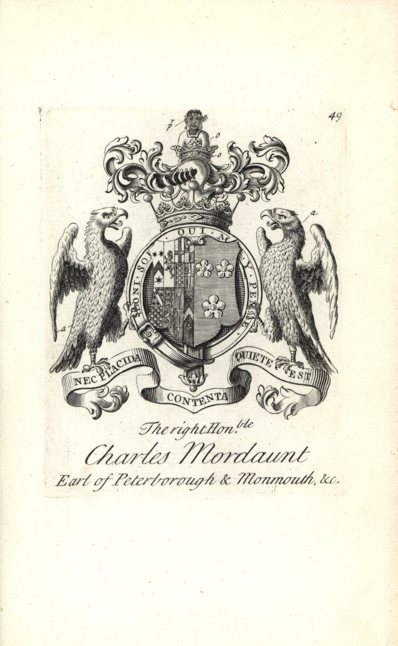 Brasão e brasão do honorável Charles Mordaunt, 3º Conde de Peterborough e 1º Conde de Monmouth de Andrew Johnston