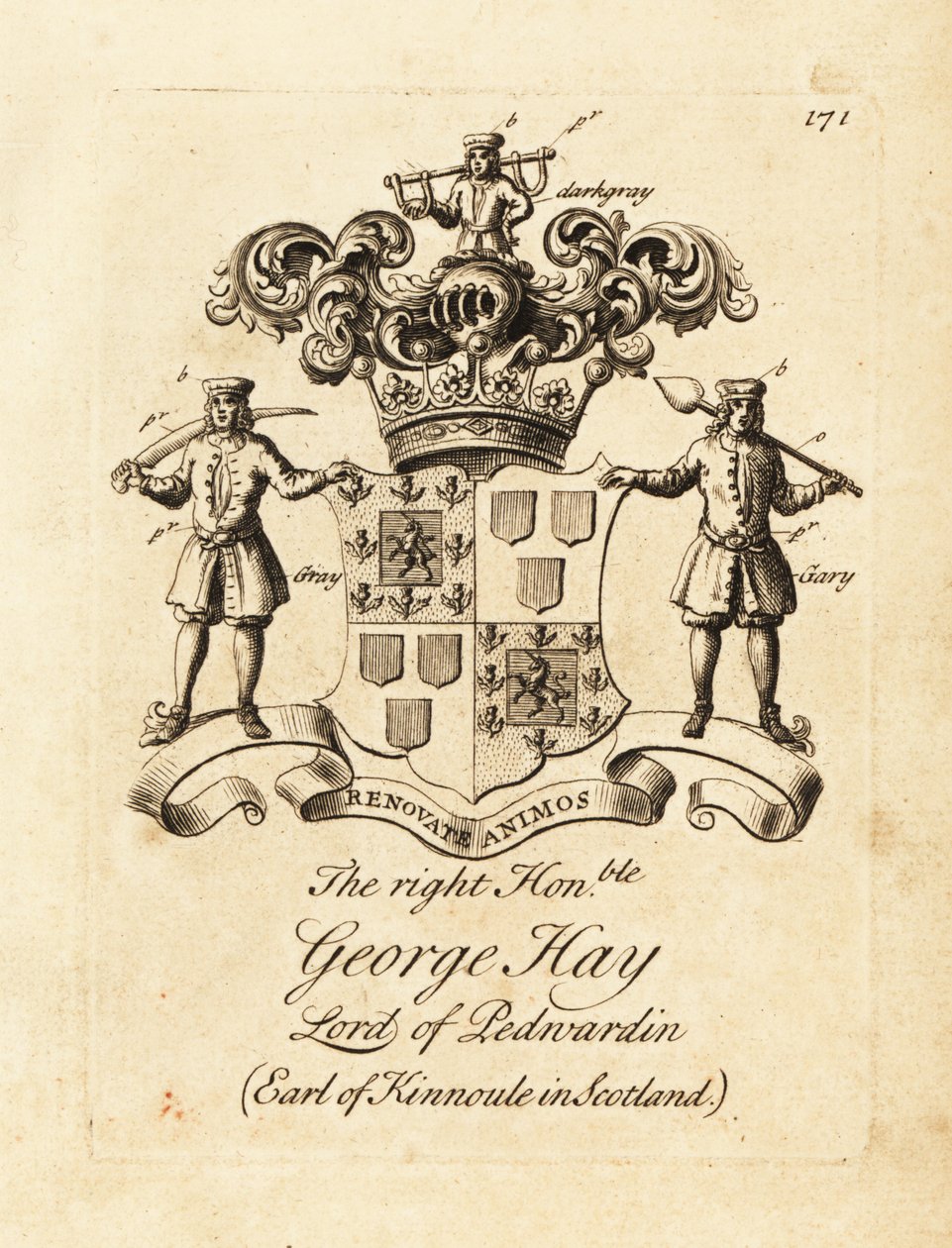 Brasão do Honorável George Hay, Senhor do Penwardian, 8º Conde de Kinnoule na Escócia de Andrew Johnston
