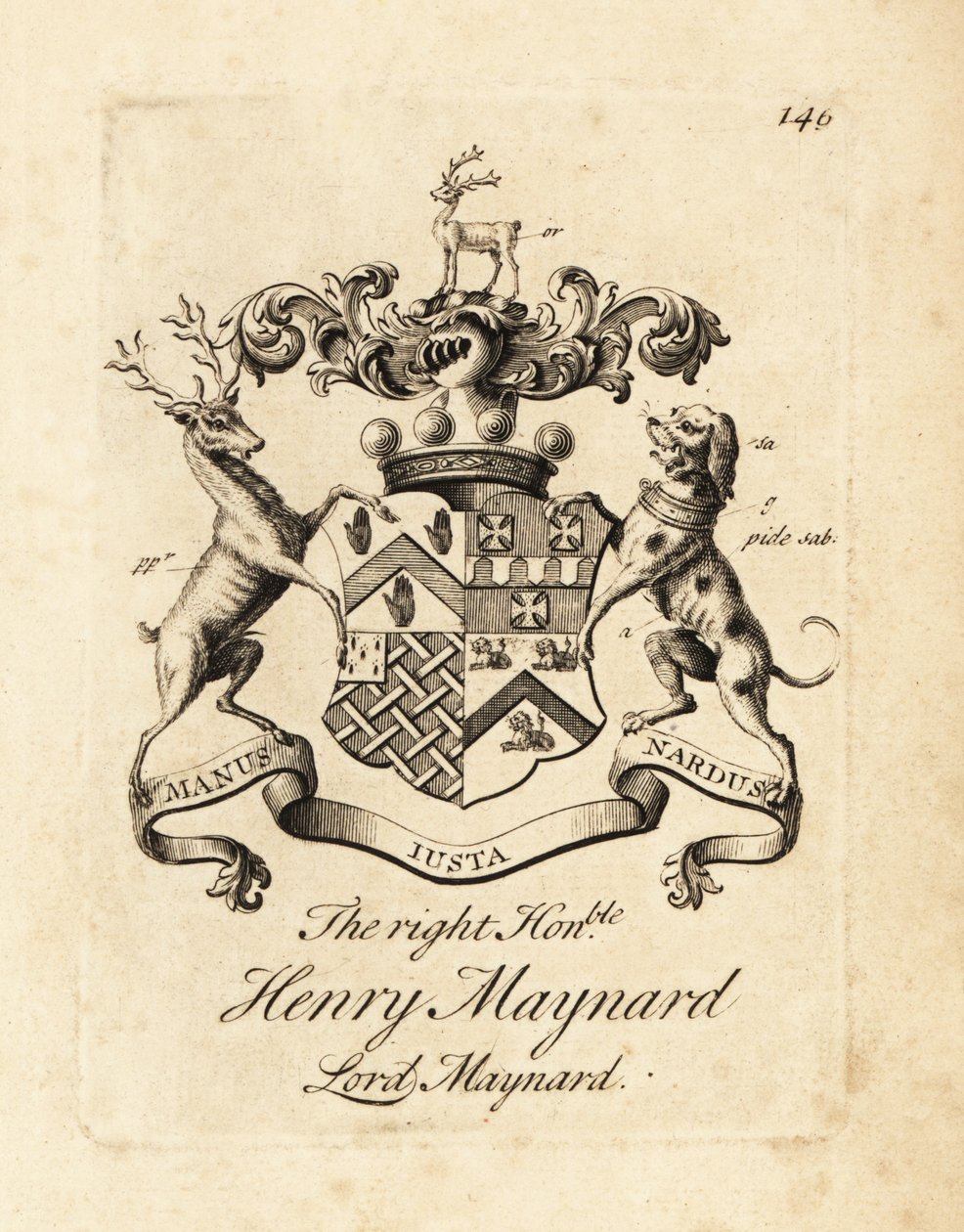 Brasão do honorável honorável Henry Maynard, Lord Maynard, 4º Barão Maynard, falecido em 1742 de Andrew Johnston