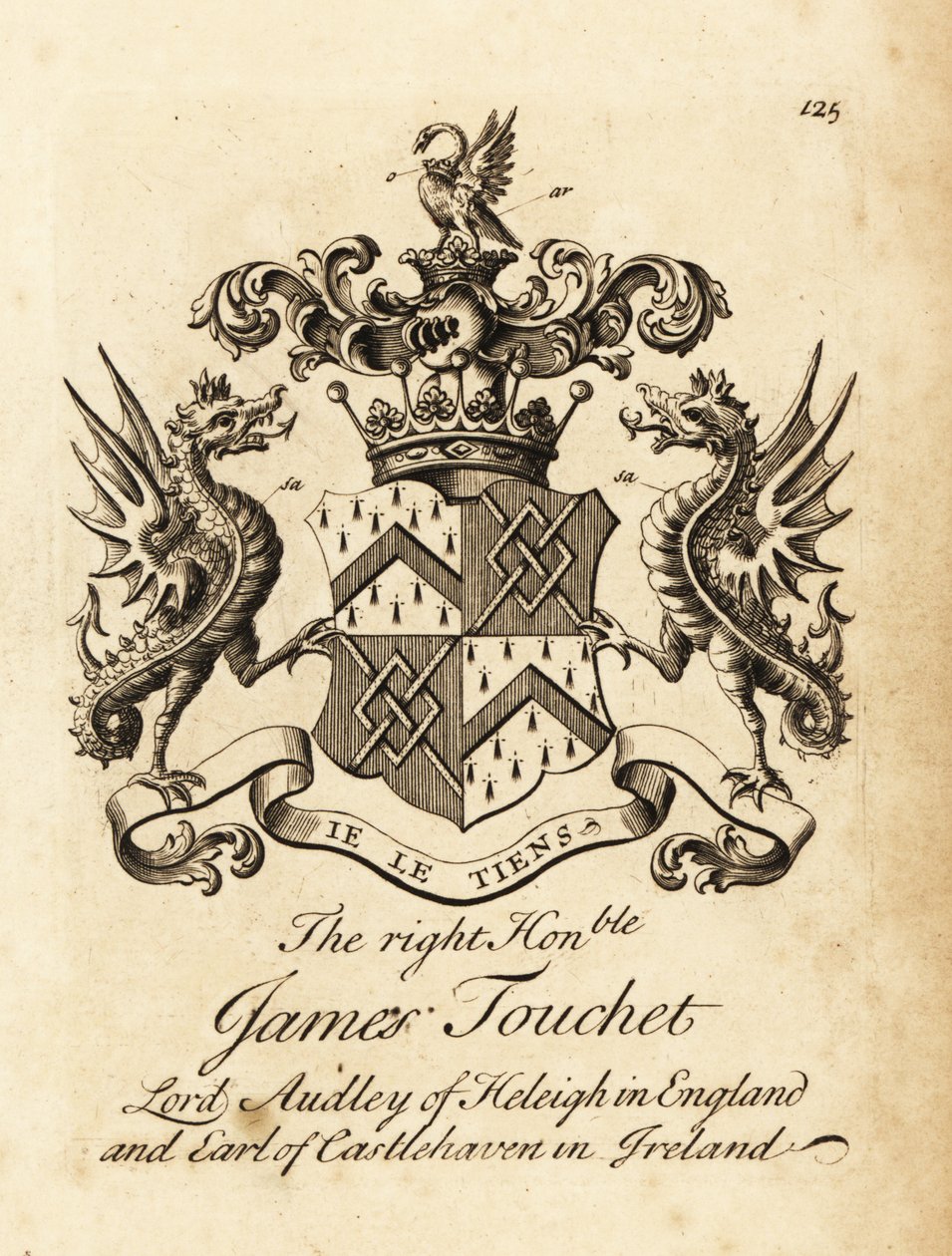 Brasão do honorável James Touchet, Lord Audley of Heleigh na Inglaterra, 6º Conde de Castlehaven na Irlanda, morreu em 1740 de Andrew Johnston