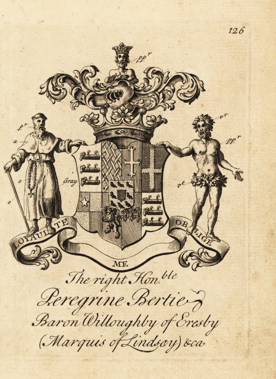Brasão do Honorável Peregrino Bertie, Barão Willoughby de Eresby, Marquês de Lindsay, 2º Duque de Ancaster e Kesteven de Andrew Johnston