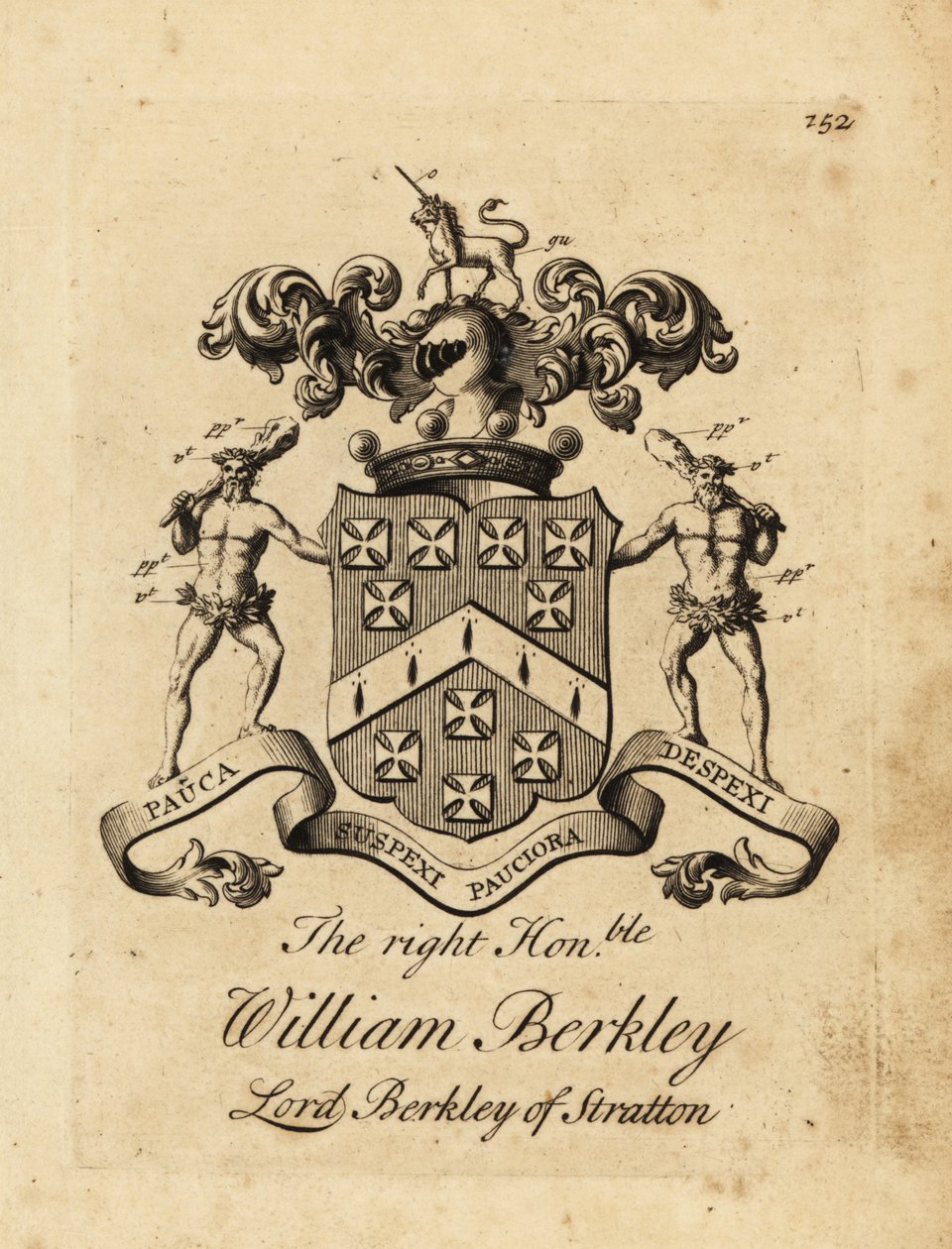 Brasão do Honorável William Berkley, Lorde Berkley de Stratton, 4º Barão Berkeley de Stratton, falecido em 1741 de Andrew Johnston