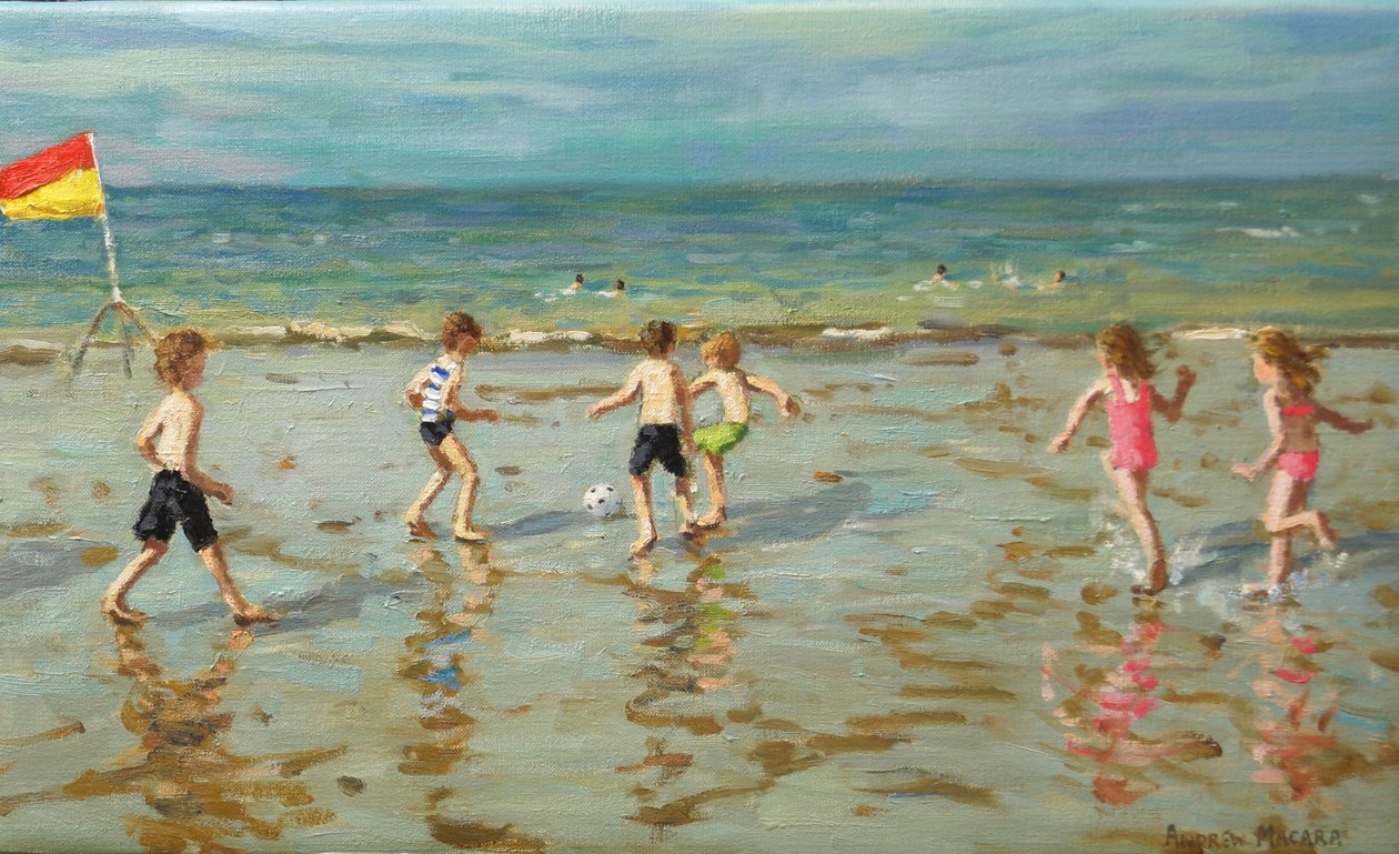 Futebol de praia, Sheringham, 2018 (óleo sobre tela) de Andrew Macara