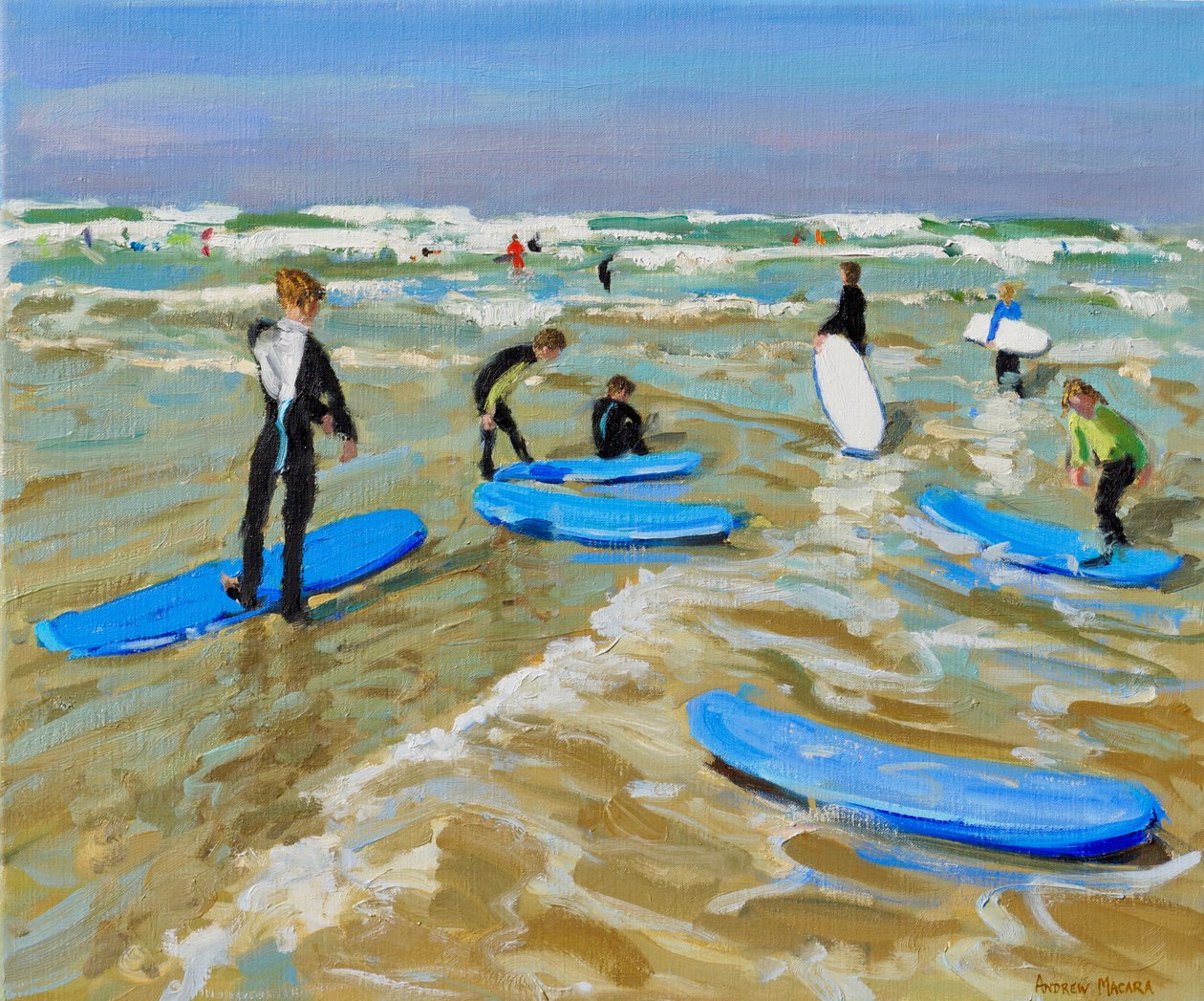 Pranchas de surf azuis, Bude. 20x24",2019,(óleo sobre tela) de Andrew Macara