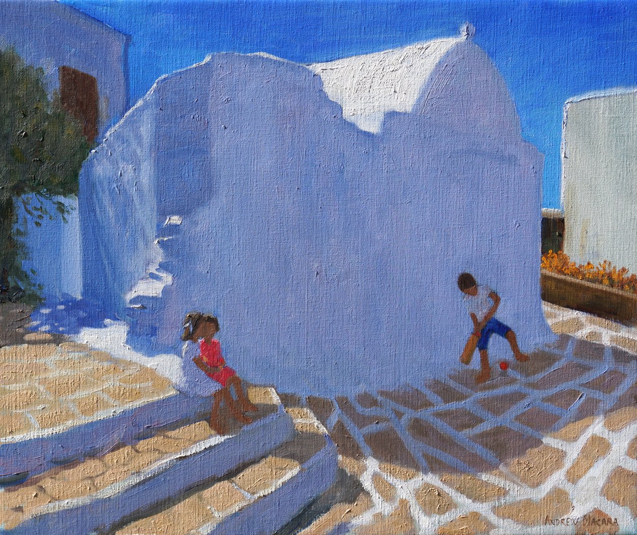 Grilo pela parede da igreja, Mykonos (óleo sobre tela) de Andrew Macara