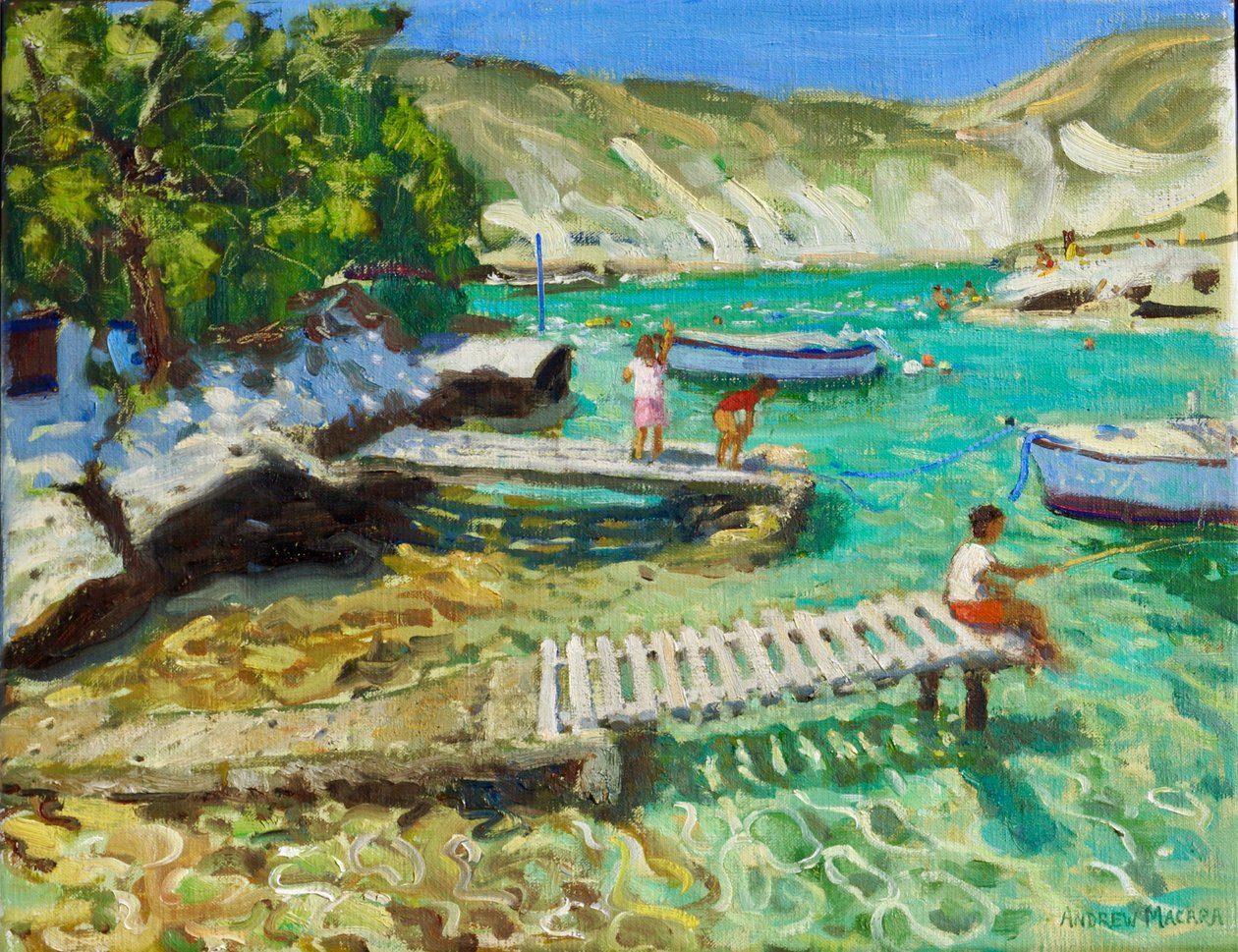 Pesca no molhe,Milos,Grécia, 2018-2019 (óleo sobre tela) de Andrew Macara