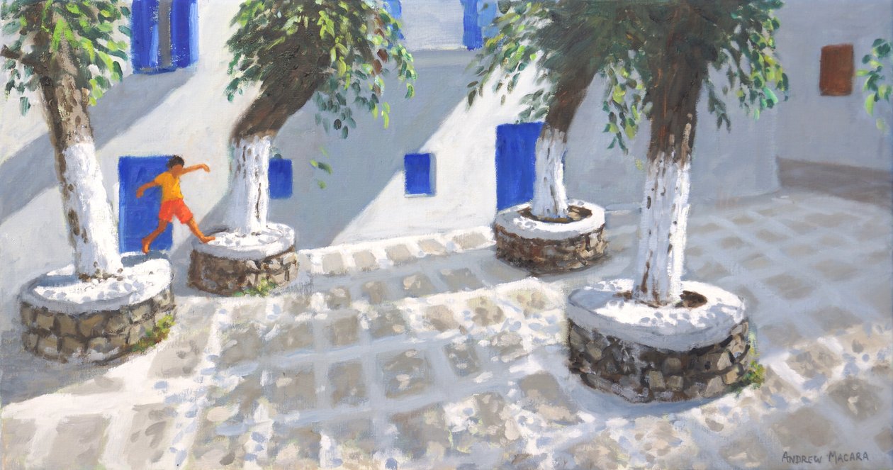Four Trees, Mykonos Town, 2022 (óleo sobre tela) de Andrew Macara
