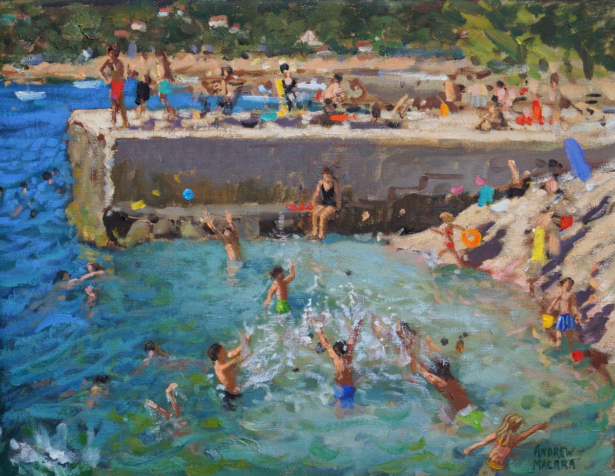 Diversão no mar, Rovinj, Croácia, 2016, (óleo sobre tela) de Andrew Macara