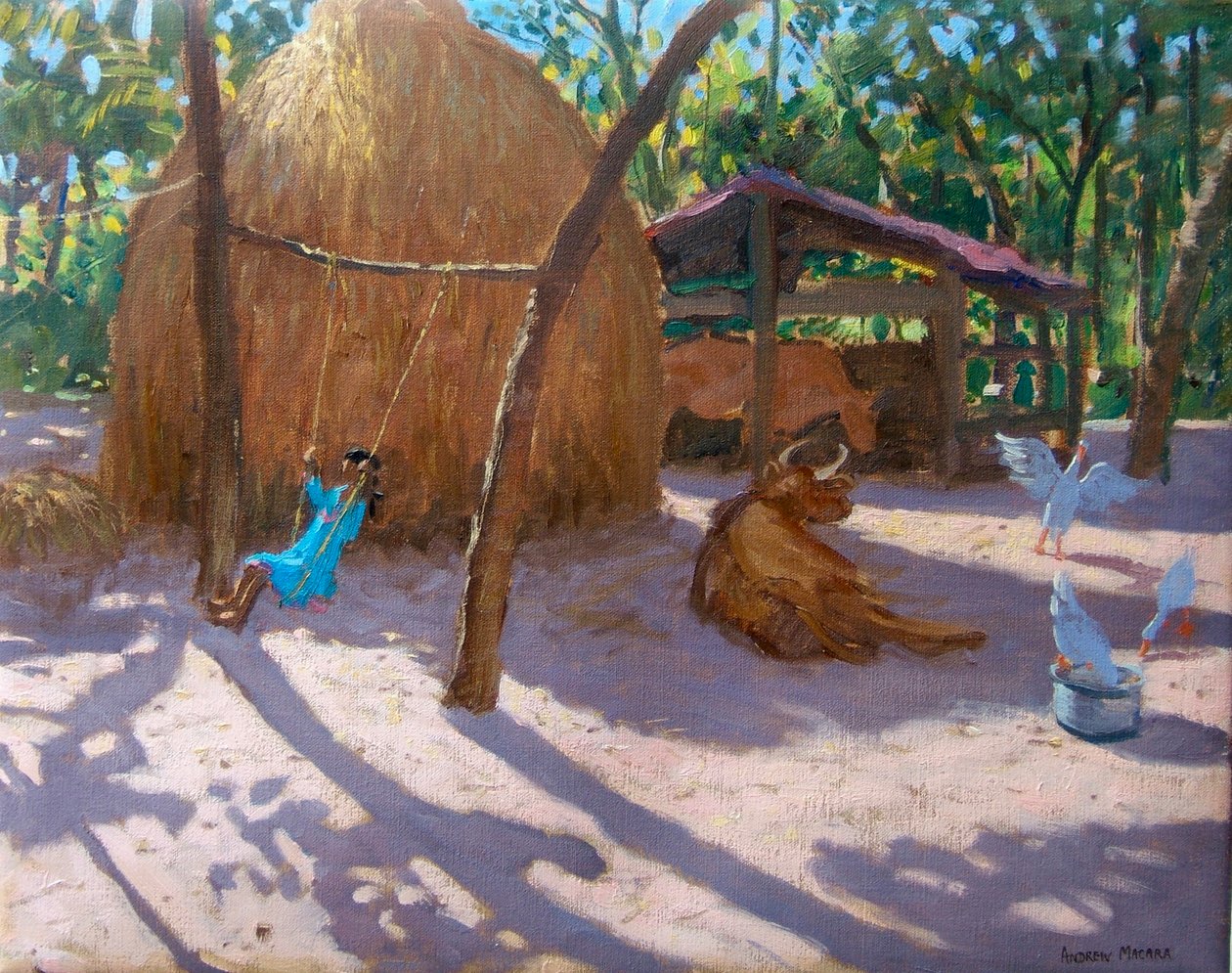 Palheiro e rapariga num baloiço, Kerala (óleo sobre tela) de Andrew Macara