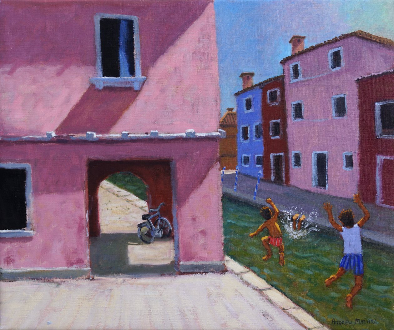 Saltar para o canal, Murano, Veneza, 2021 (óleo sobre tela) de Andrew Macara