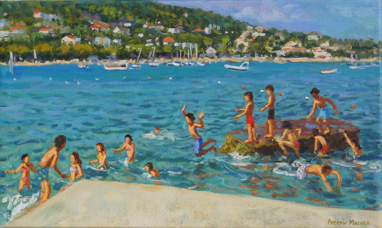 Saltar das rochas; Cinque Terre, Positano, Itália, 2000 (óleo sobre tela) de Andrew Macara