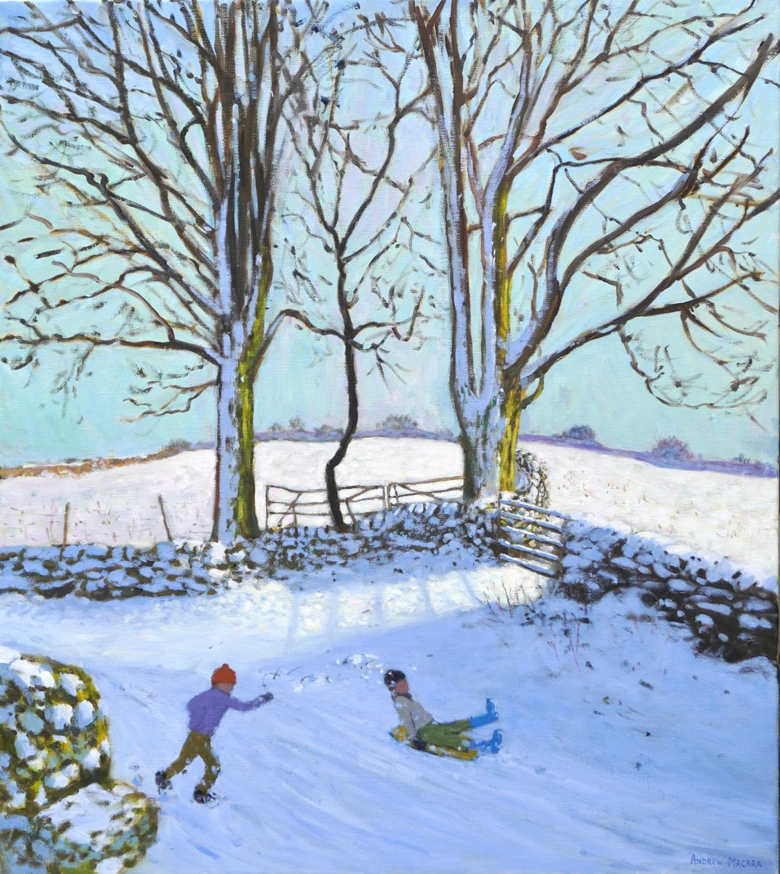 Árvores de grande porte e trenós, Derbyshire, 2023 (óleo sobre tela) de Andrew Macara
