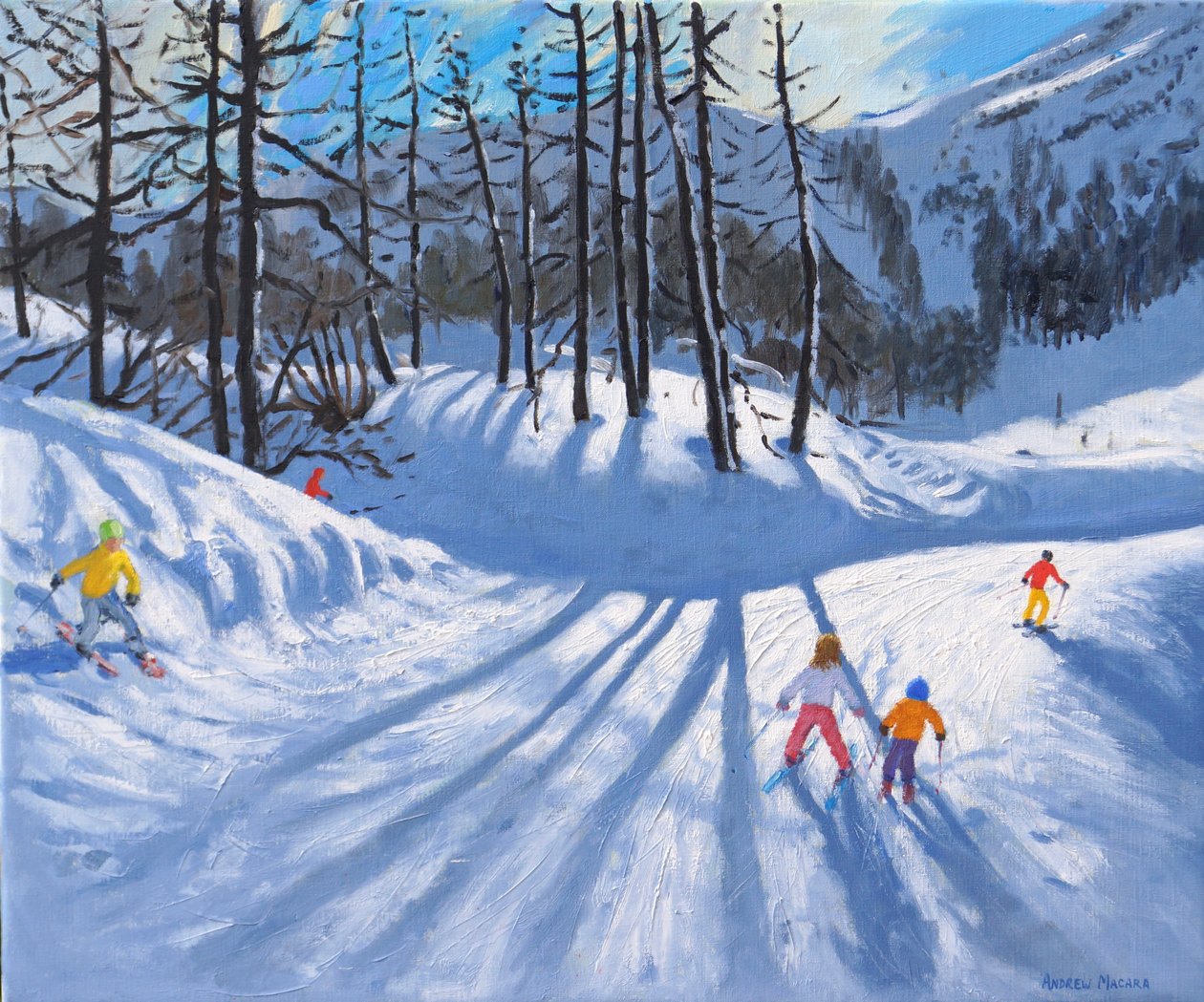 Longas sombras de árvores e esquiadores,Tignes, 2016-2019,(óleo sobre tela) de Andrew Macara