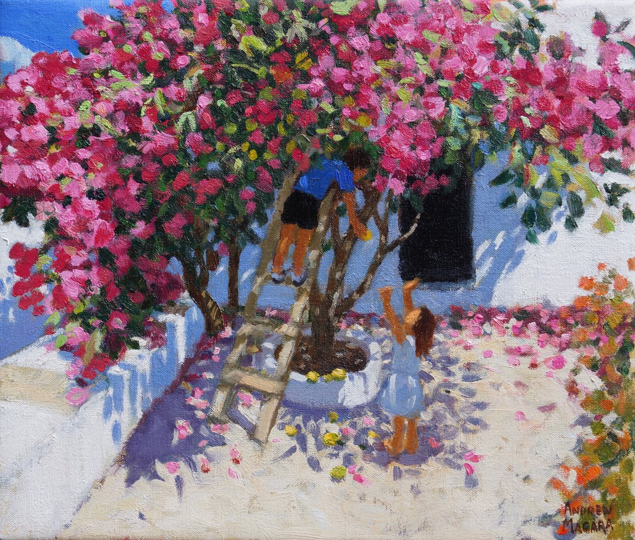 Colhendo limões, Skiathos, Grécia, 2021, (óleo sobre tela) de Andrew Macara