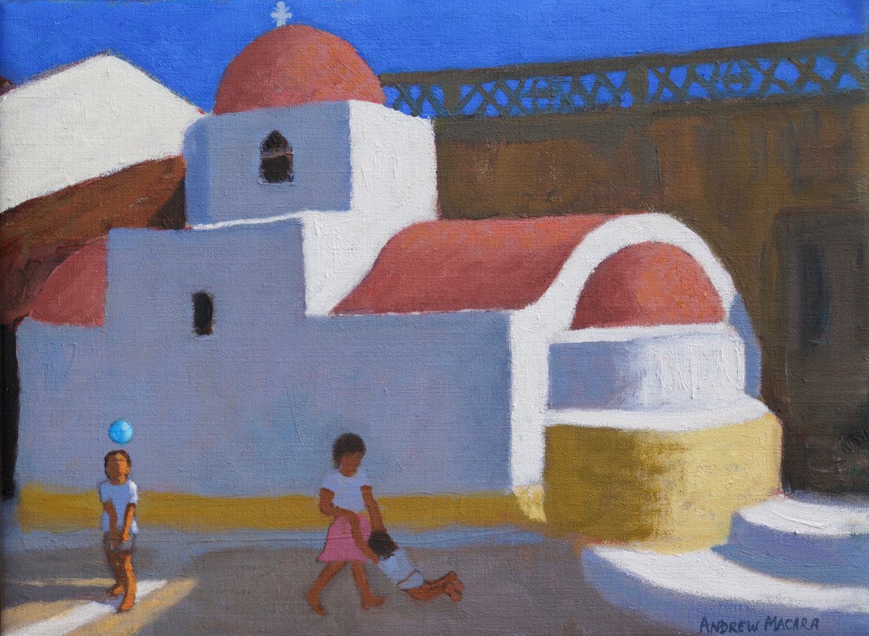 Brincando pela Igreja,Karpathos,Ilhas Gregas,(óleo sobre tela) de Andrew Macara