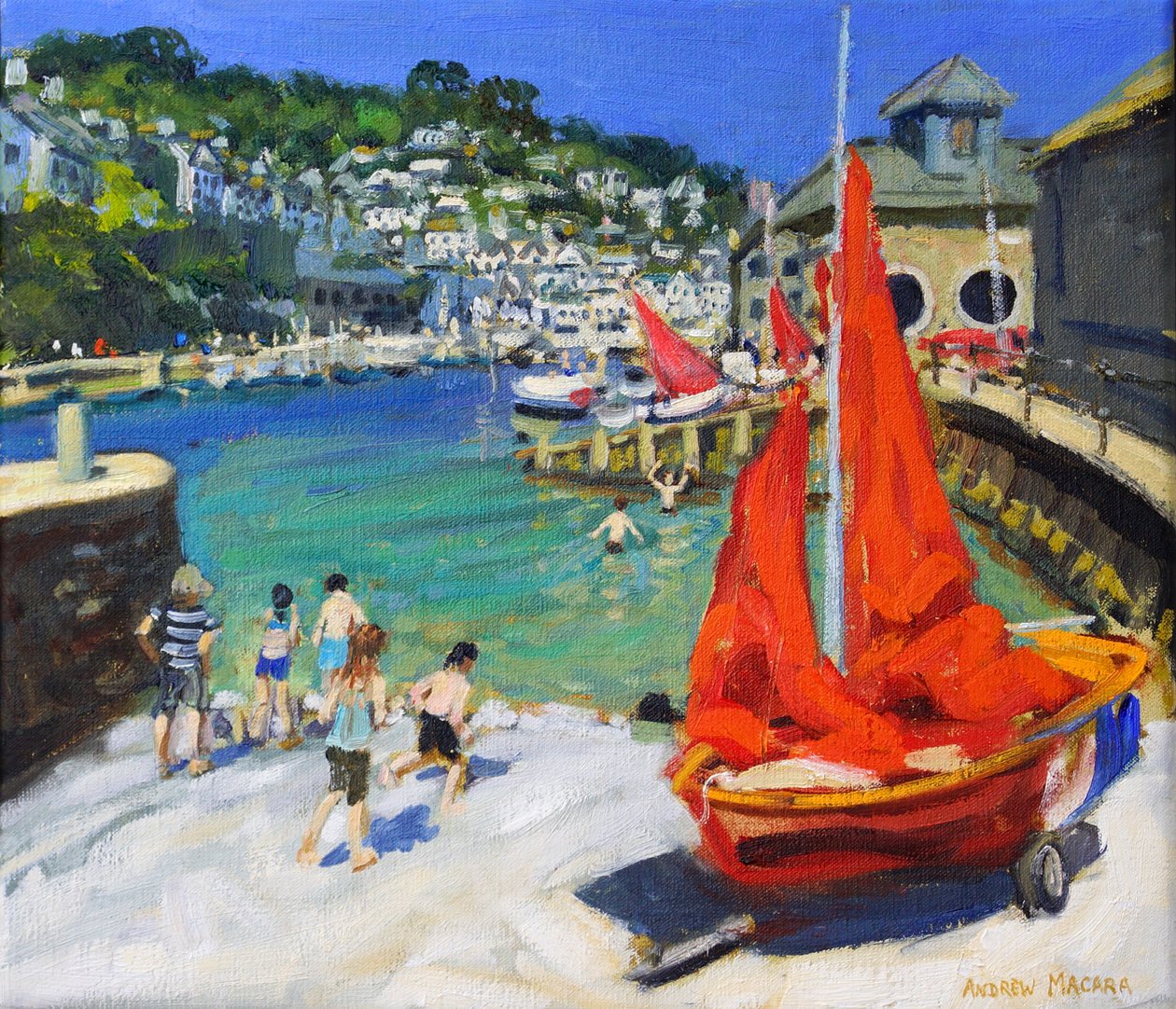 Brincar no porto, Looe, Cornualha, 2012 (óleo sobre tela) de Andrew Macara