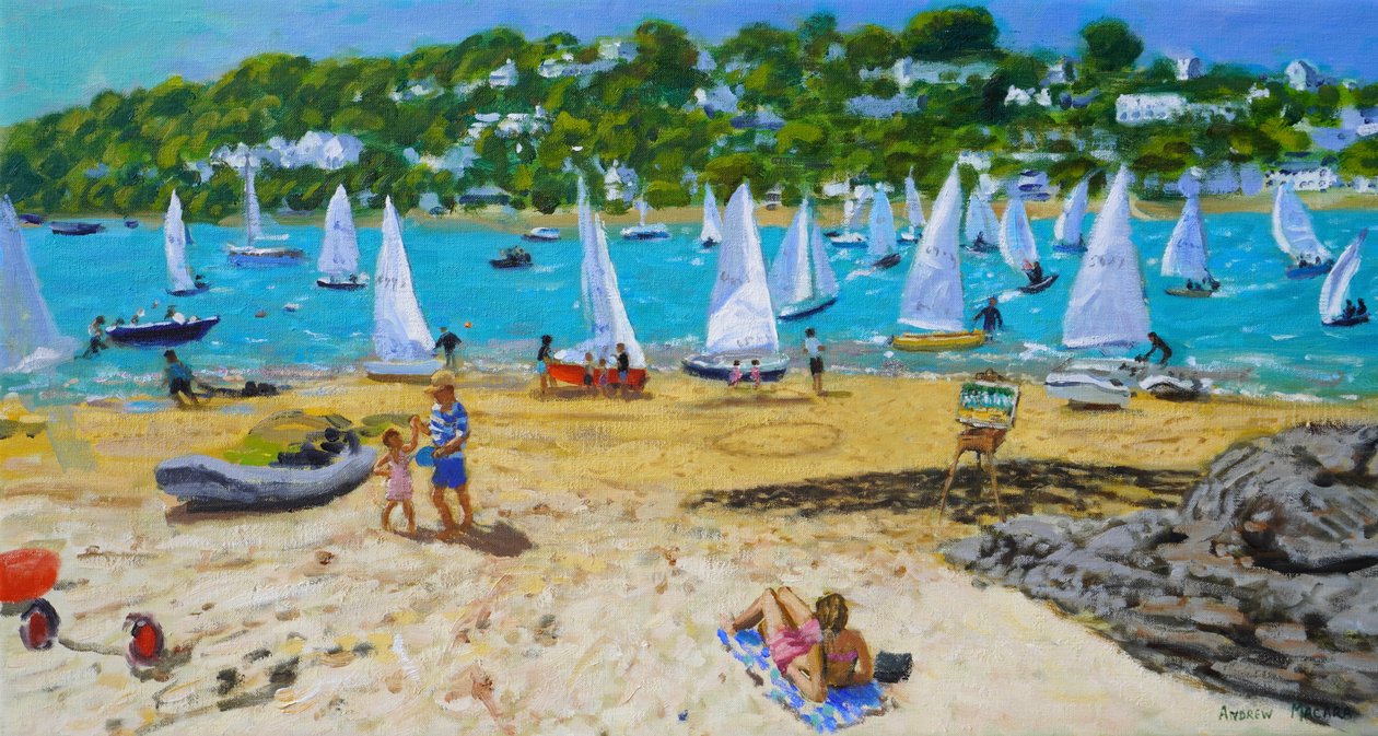 Salcombe Regatta e cavalete de artista, 2023 (óleo sobre tela) de Andrew Macara