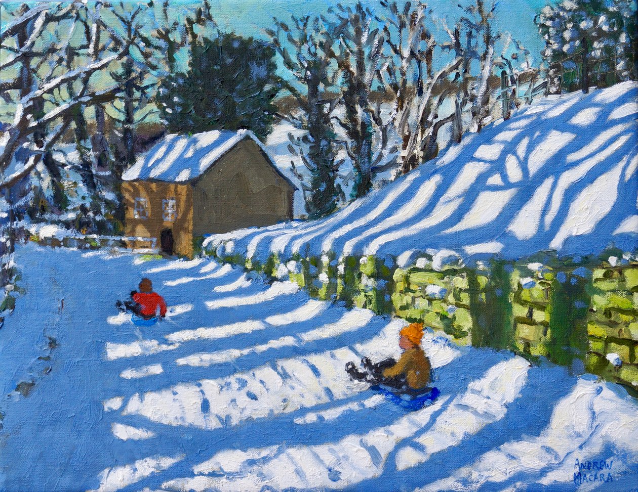 Sledging,Upper Hulme,Leek, 2020,(óleo sobre tela) de Andrew Macara