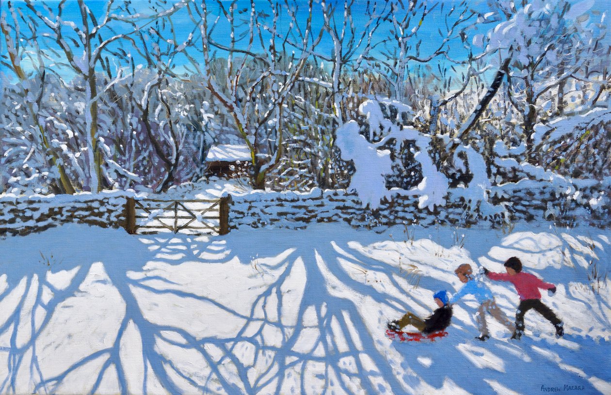 Sledging, Gambols Lane, Dovehead, High Peak, Derbyshire, 2021 (óleo sobre tela) de Andrew Macara