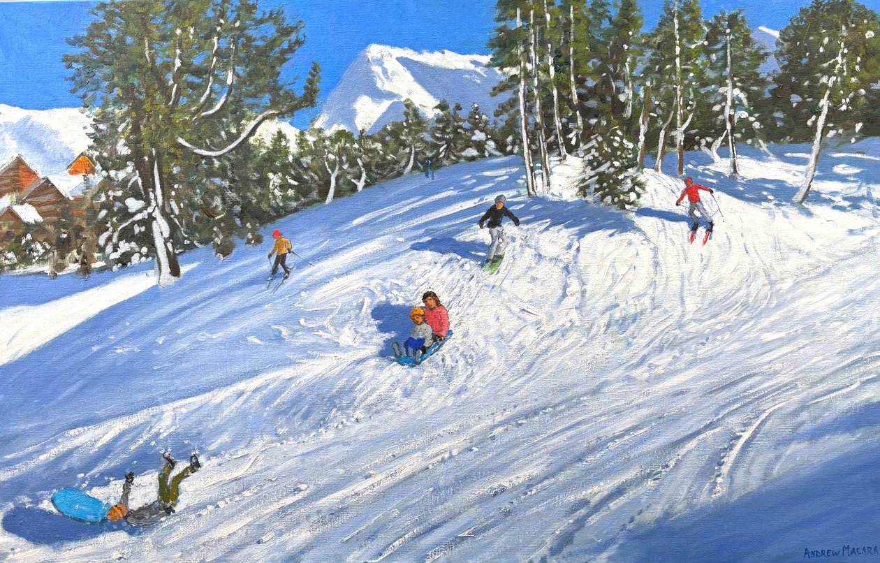 Trenó e esqui, Les Arcs, França, 2023 (óleo sobre tela) de Andrew Macara