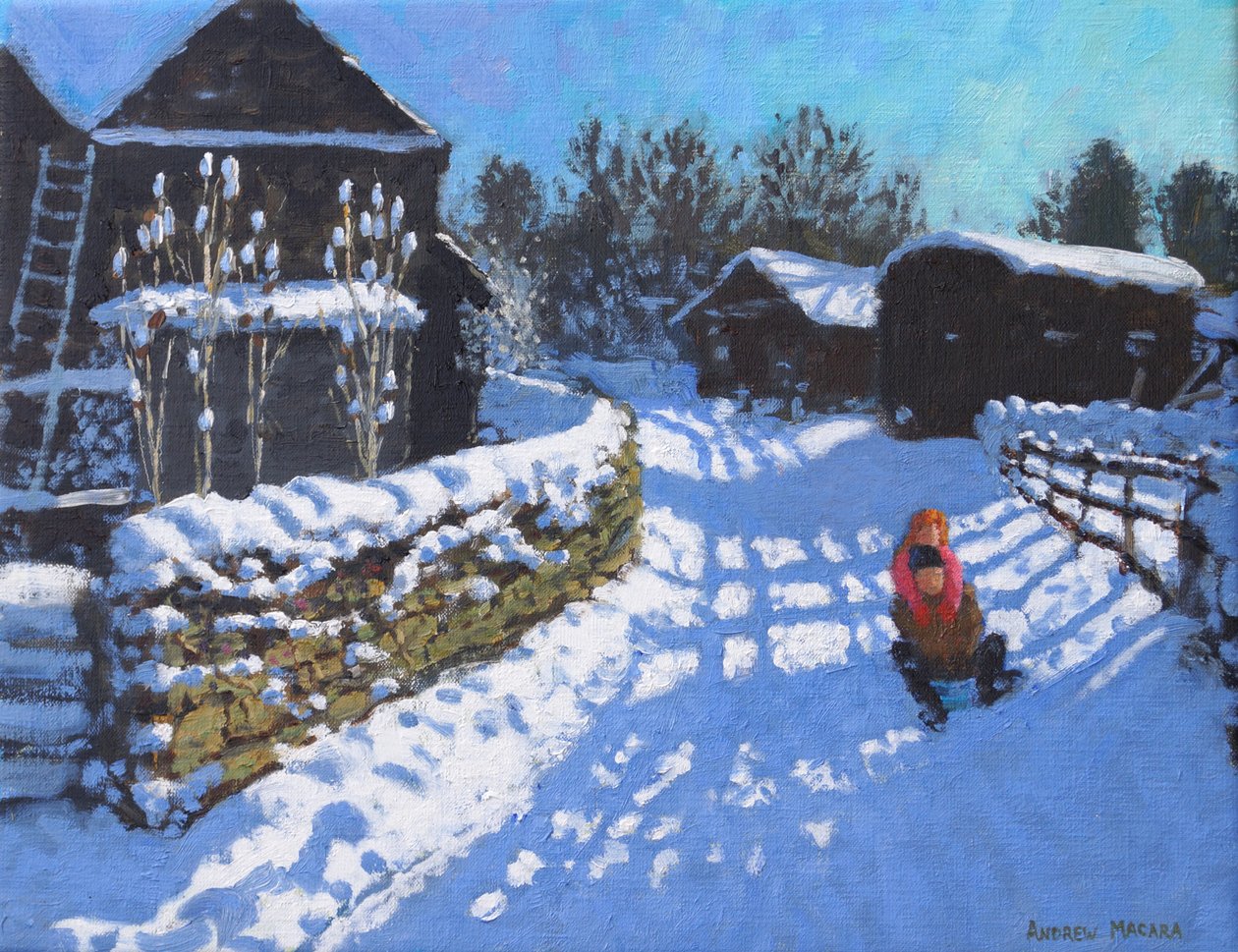 Sledging, perto de Wintercroft Lane, perto de Dovedale e Thorpe. Ashbourne, 2021 (óleo sobre tela) de Andrew Macara