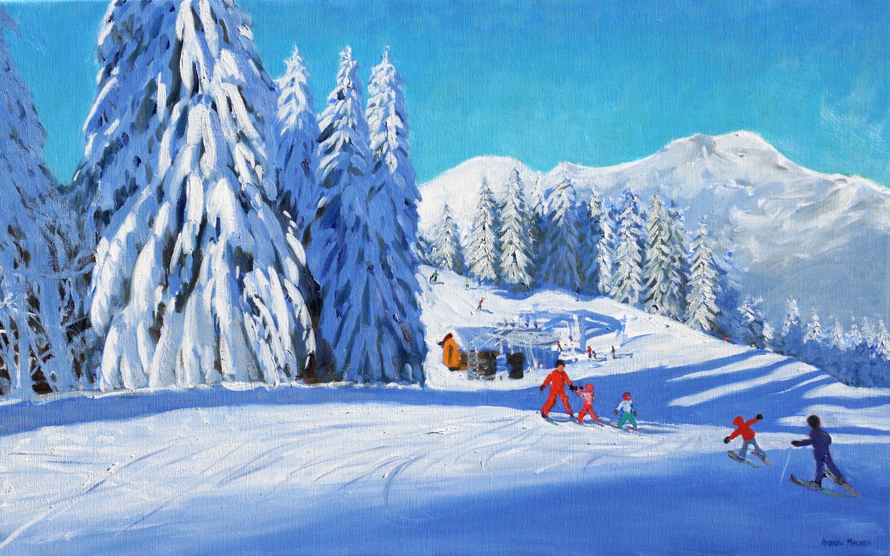 A lição de esqui, Morzine, 2015 (óleo sobre tela) de Andrew Macara