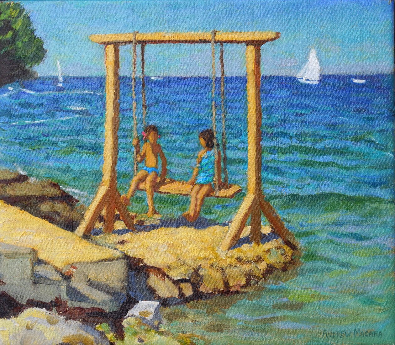 O baloiço, Funtana, Vrsar, Croácia. 14x16" 2019(óleo sobre tela) de Andrew Macara