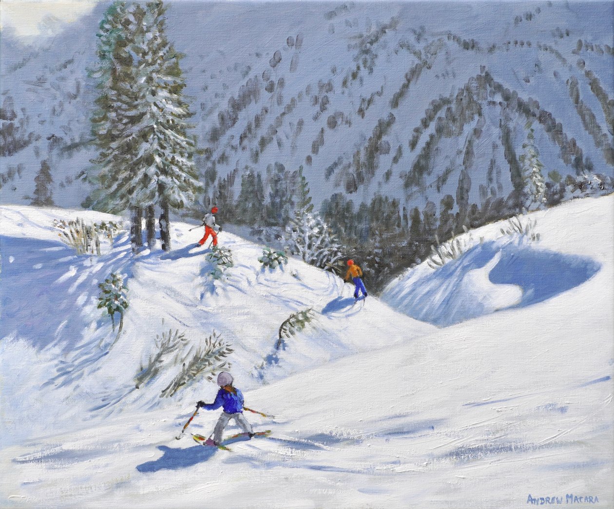 Três esquiadores, Kitzbuehel, Áustria, 2024 (óleo sobre tela) de Andrew Macara