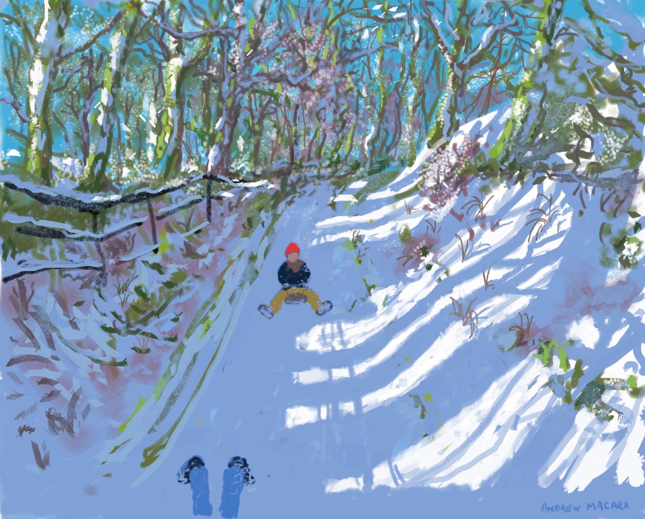 Pintura para iPad, Sledging, Windley Lane, Idridgehay, Belper, 2021, Impressões disponíveis. de Andrew Macara
