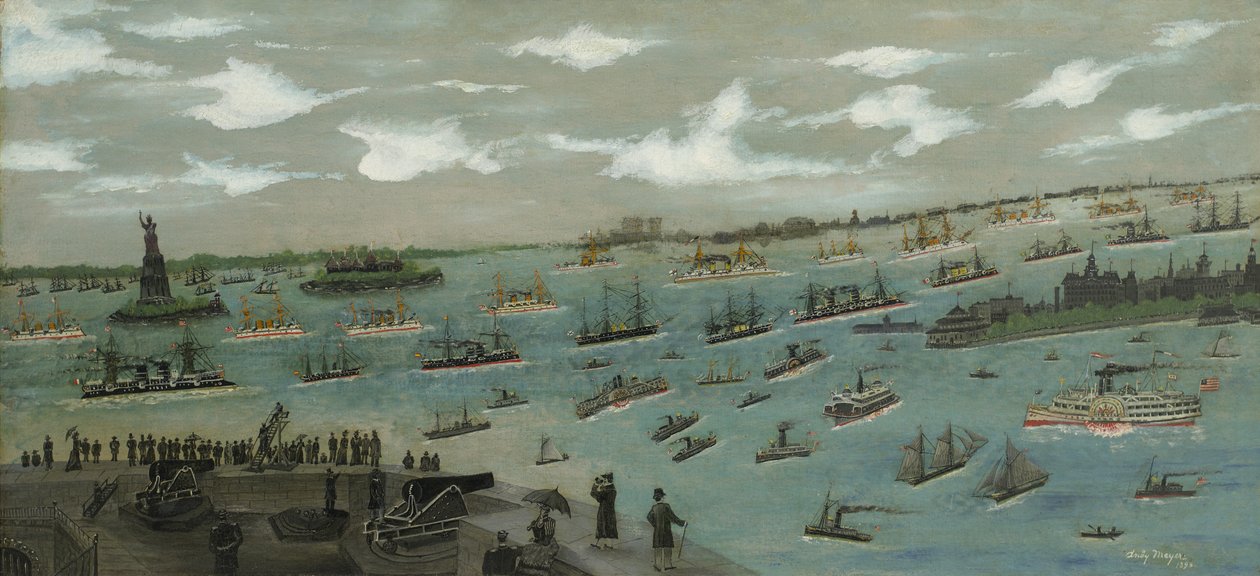 Revisão da frota dos Estados Unidos no porto de Nova York com a Estátua da Liberdade, 1893 de Andrew Meyer