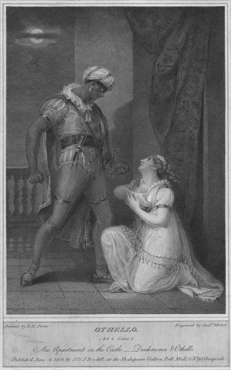 Otelo. Ato 4. Cena 2. Um apartamento no castelo. Desdêmona e Otelo, 1801. de Andrew Michel