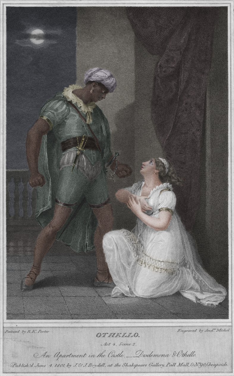 Otelo. Ato 4. Cena 2. Um apartamento no castelo. Desdêmona e Otelo, 1801. de Andrew Michel