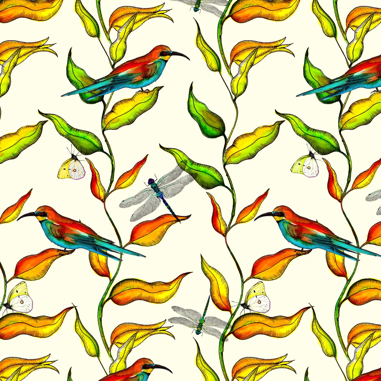 Bee Eaters, 2017, aguarela e tinta de Andrew Watson