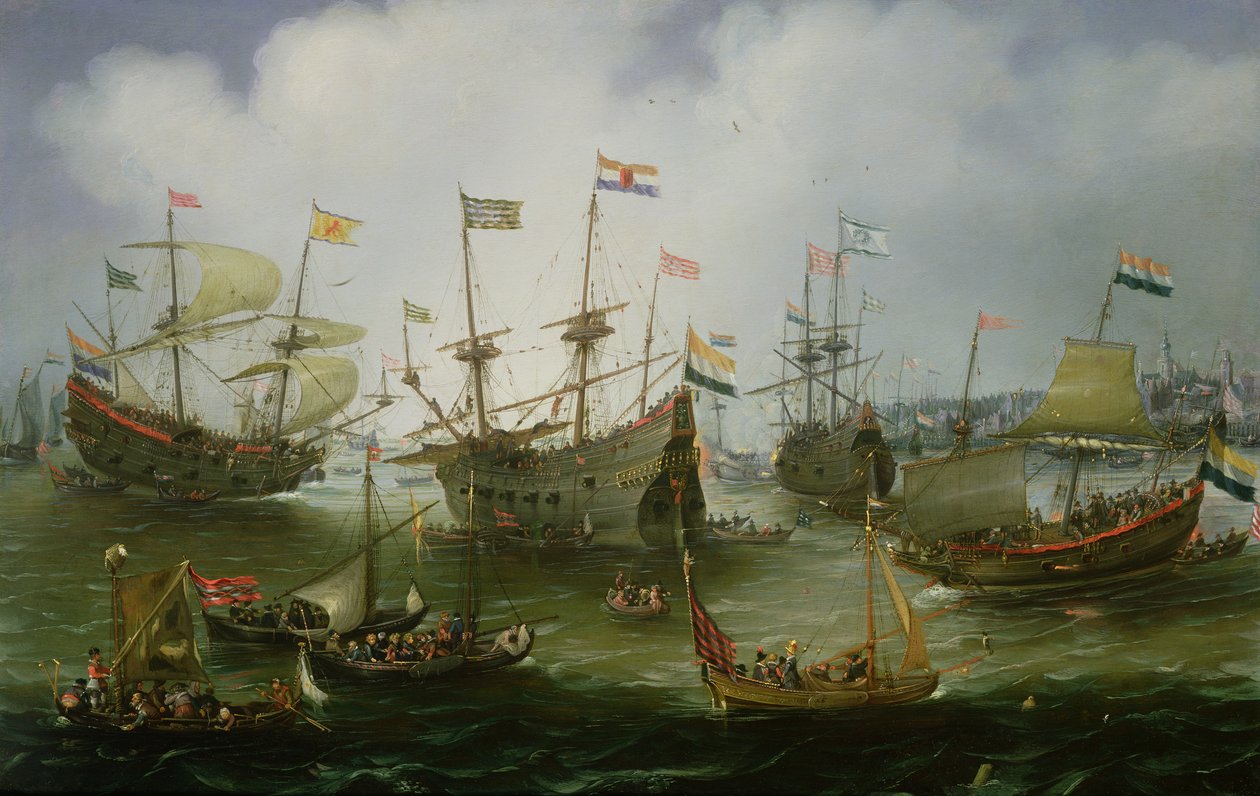 O retorno a Amsterdã da Segunda Expedição às Índias Orientais em 19 de julho de 1599 (óleo sobre cobre) de Andries van Eertvelt