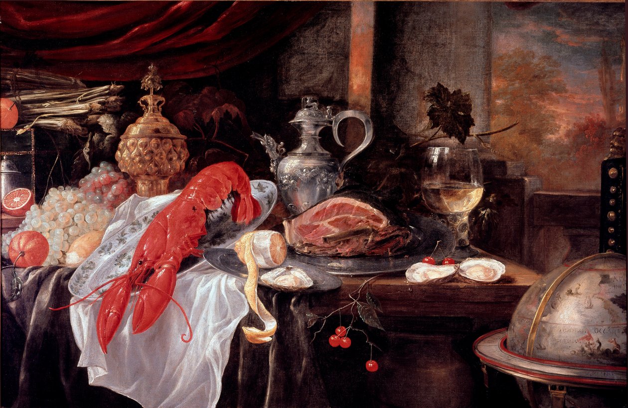 Natureza Morta com Lagosta, Presunto, Prataria Pintura de Andrea Benedetti (1620-?) Faenza, Pinacoteca Comunale de Andries Benedetti