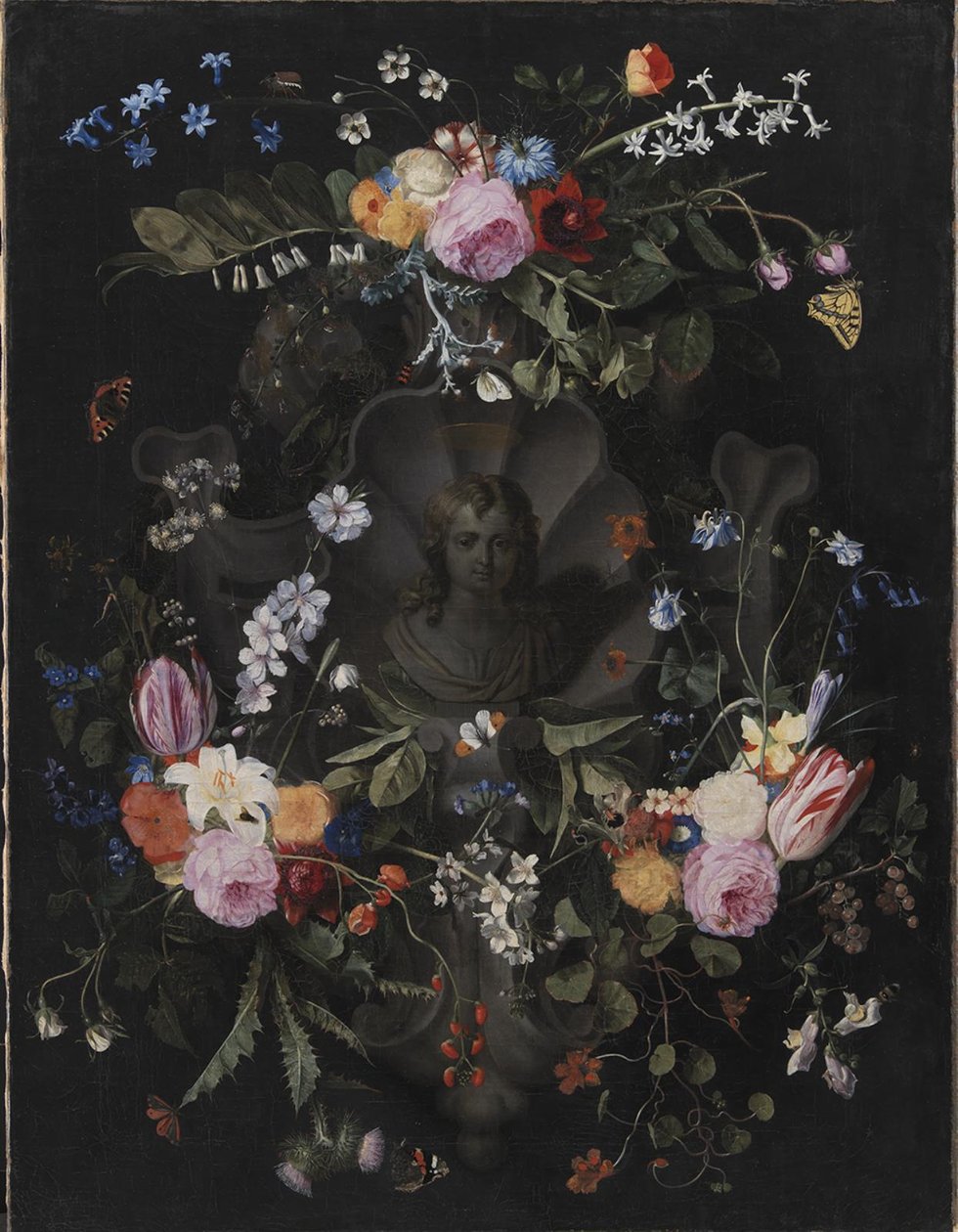 Cartouche com busto de Cristo cercado por uma guirlanda de flores de Andries Bosman
