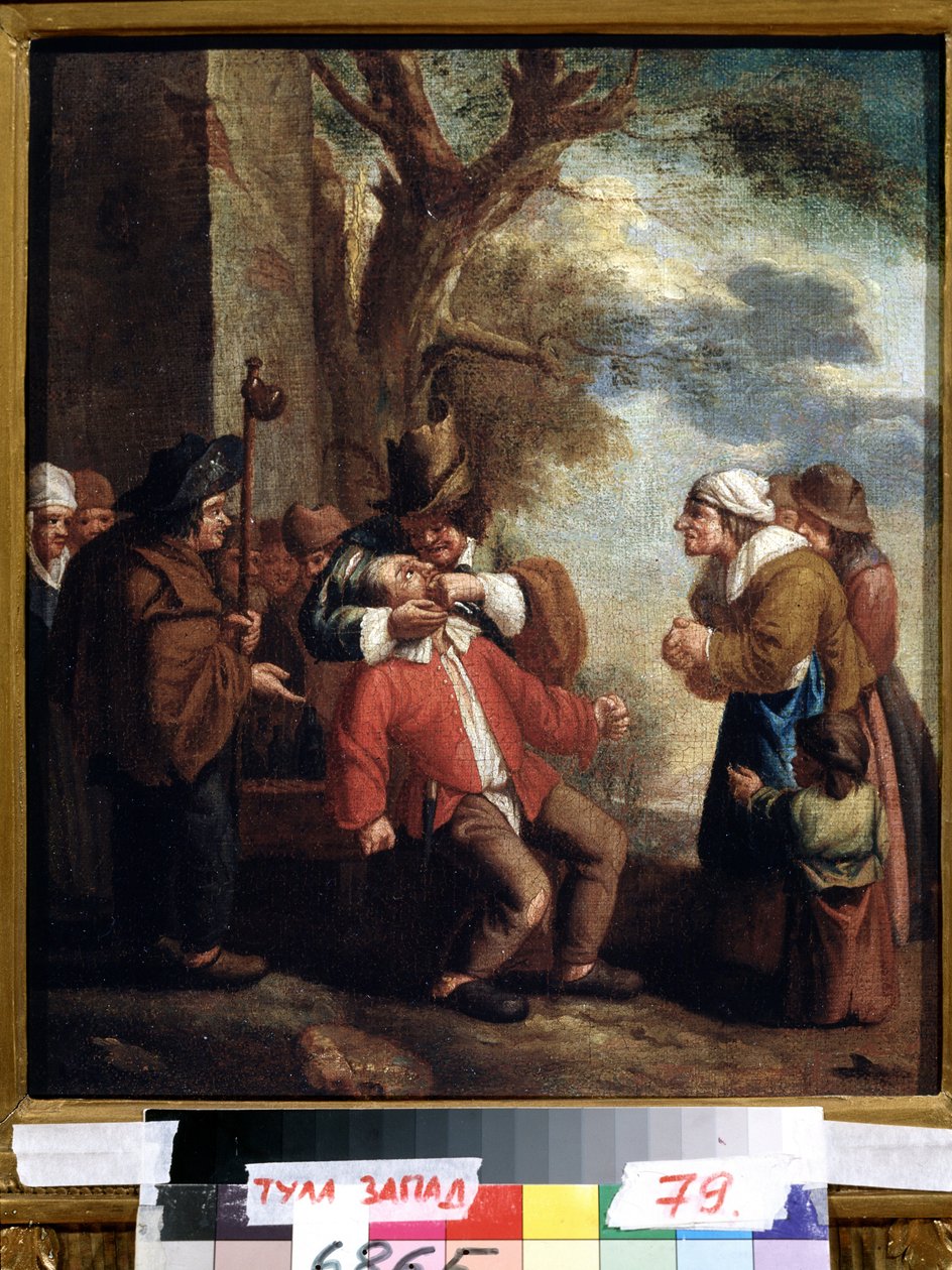 ""O Extrator de Dentes ou Dor"" (Dentista. Dor (da série Os Cinco Sentidos) Pintura de Andries Dirksz Both (1608-1641) Museu de Arte Estatal do século XVII Tula Rússia de Andries Both