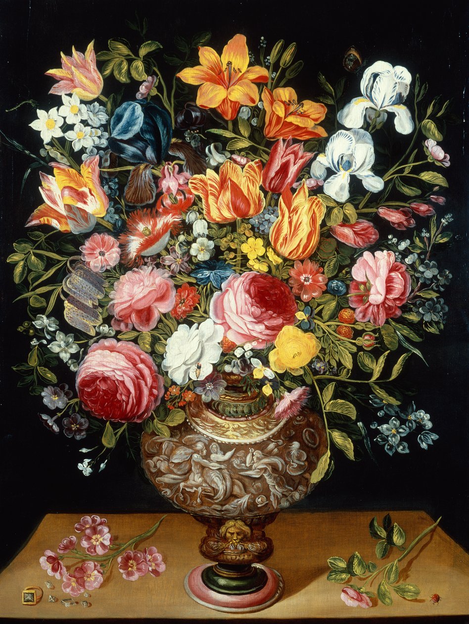 Rosas, Túlipas, Narcissi, Iris e outras Flores numa Urna Esculpida e uma Joaninha sobre um Ledge (óleo sobre tela) de Andries Daniels or Danielsz