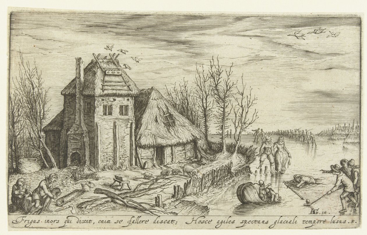 Paisagem de inverno com patinadores Paisagens (título da série) de Andries Jacobsz. Stock