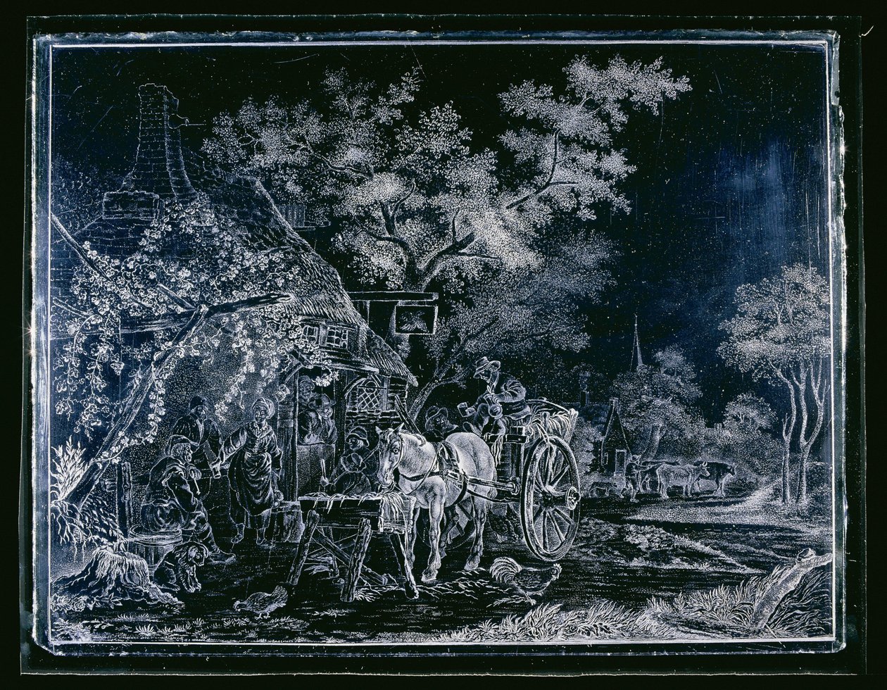 Janela com cavalo e carruagem e algumas figuras para uma pousada de Andries Melort