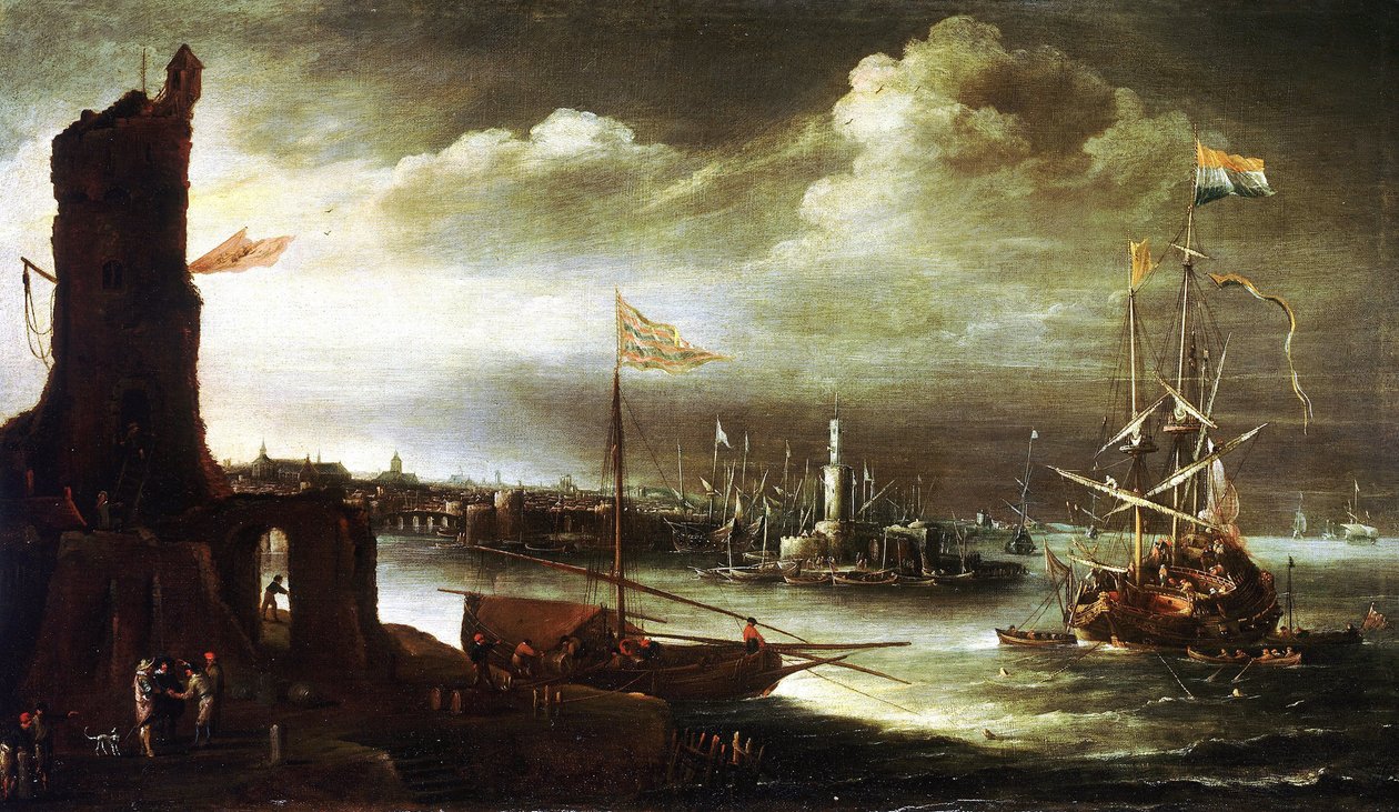 Um navio holandês ancorado em frente ao porto de Génova (Itália) de Andries van Eertvelt