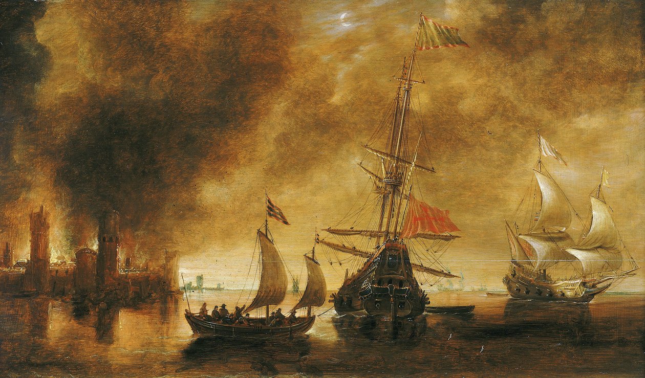 Ao amanhecer, após o bombardeamento de um porto pela frota espanhola, os edifícios do porto ainda estão a arder da batalha nocturna, um barco carregado de soldados movia-se à volta do navio central de Andries van Eertvelt