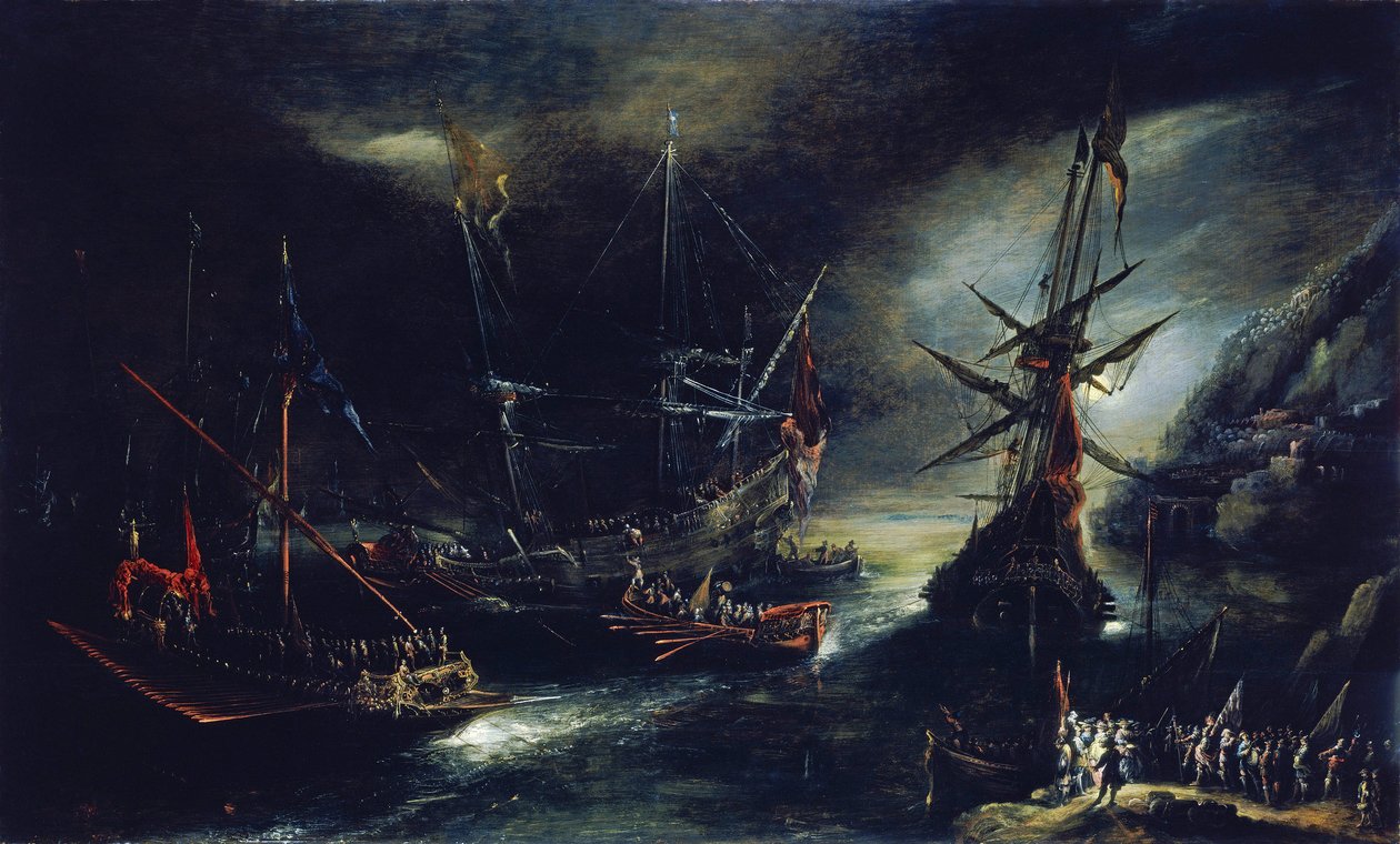 Embarque de tropas espanholas, uma interpretação holandesa de uma expedição espanhola, representada numa costa imaginária do Mar Mediterrâneo de Andries van Eertvelt