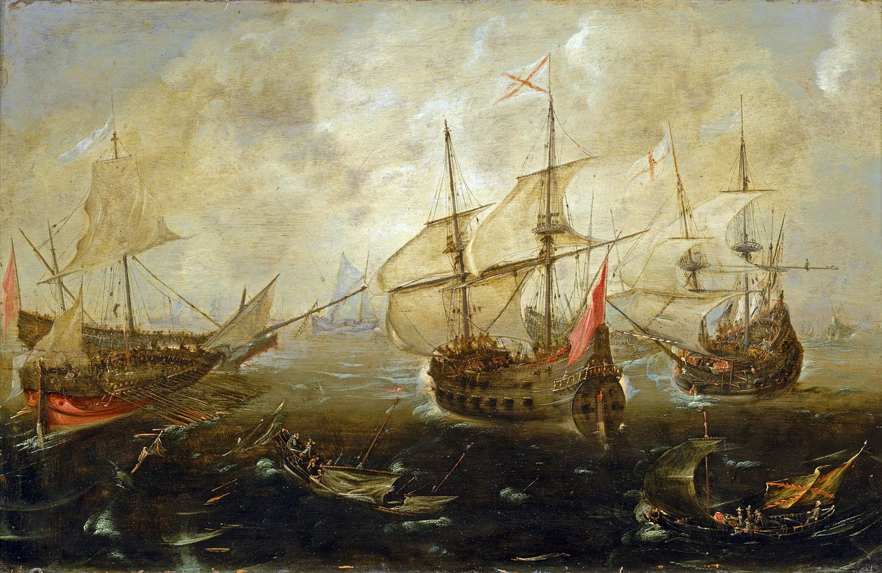 Manobra entre navios britânicos (à direita) e espanhóis, os barcos aproximam-se um do outro, pareciam muito carregados, provavelmente com soldados de Andries van Eertvelt