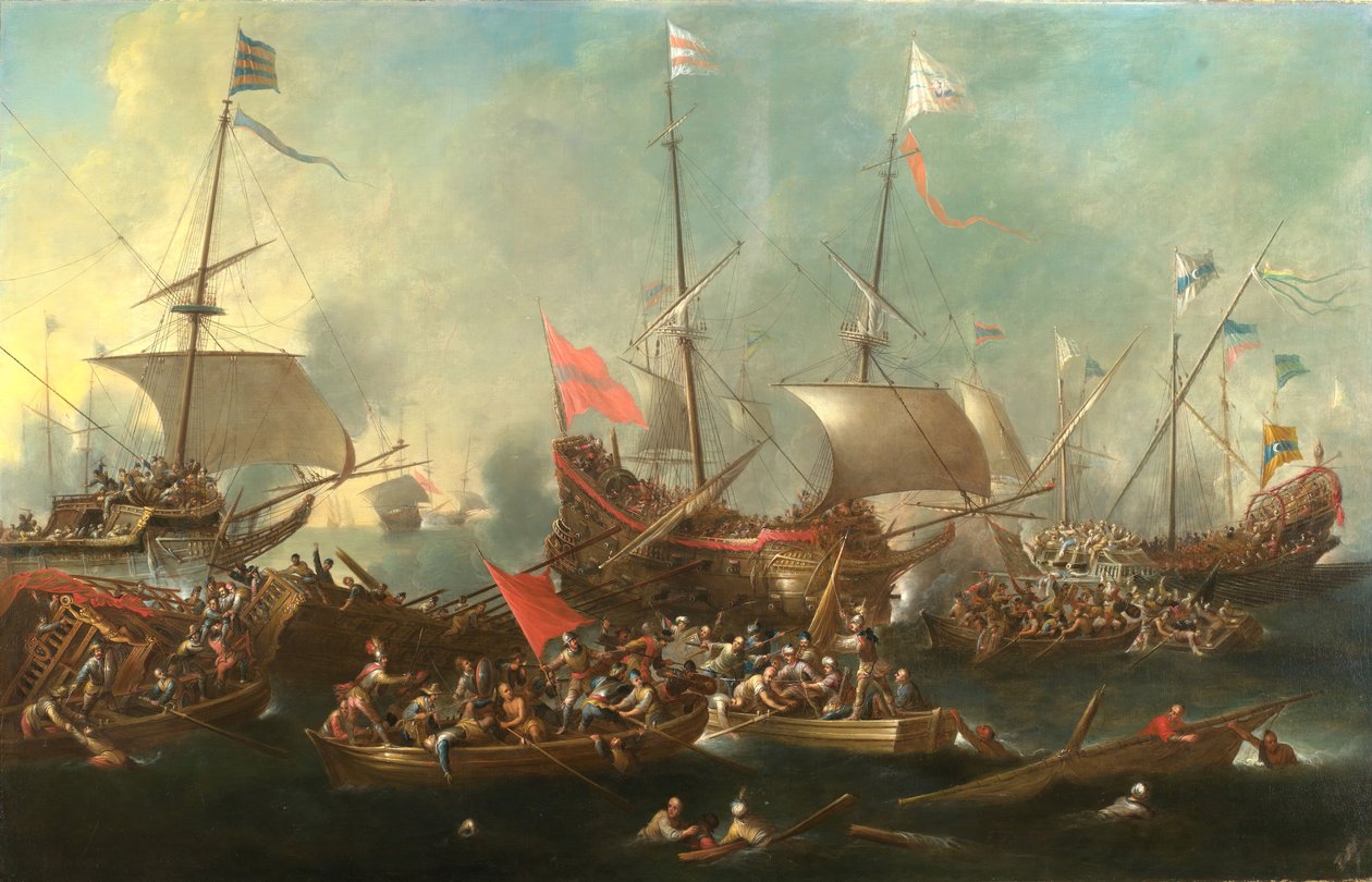 A Batalha de Lepanto - Uma Batalha Marítima entre Cristãos e Corsários de Barbary, 1615-20. de Andries van Eertvelt