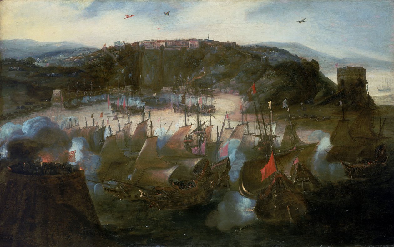 O ataque a São Salvador (ou Bahia, atual Salvador, Brasil) pela frota holandesa em 1624 de Andries van Eertvelt