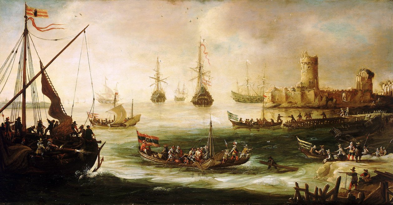 O regresso de uma expedição espanhola, Óleo sobre madeira, de Andries van Eertvelt (1590-1652). de Andries van Eertvelt