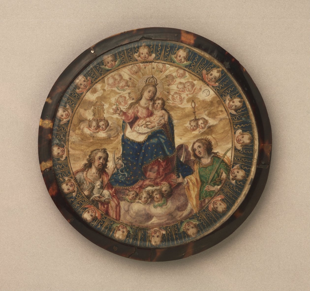 Freiras, escudo, mostrando, a, virgem, e, criança, com, santos, joão batista, e, catherine, de, alexandria de Andrés Lagarto