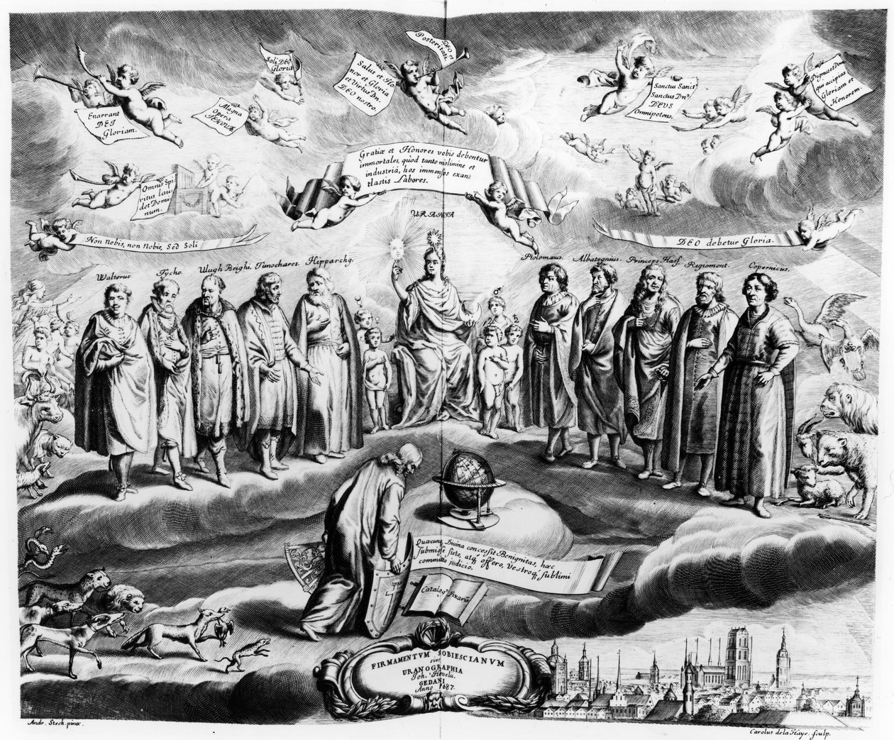 Sobiescianum ou suporte, Uranographia, por Johannes Hevelius (1611-1687), gravado por Charles de la Haye, Pub. em 1687 de Andrzej Stech